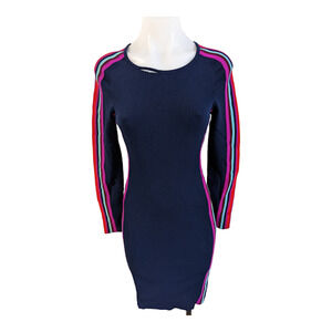 Milly Size Small Race Stripe Dress Navy Pink Red Crew Neck Long Sleeves Stretch